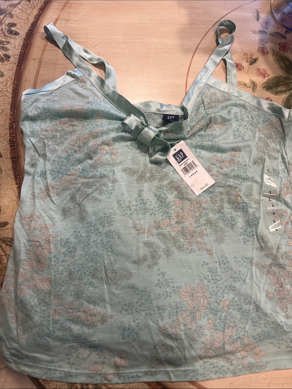 NWT GAP Women's Mint Blue Floral Satin-Trim Cami with Bow